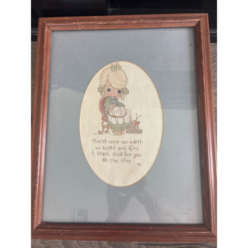 Vintage 70's Precious Moments Style Mother Cross Stitch Framed Art Wood 12x15